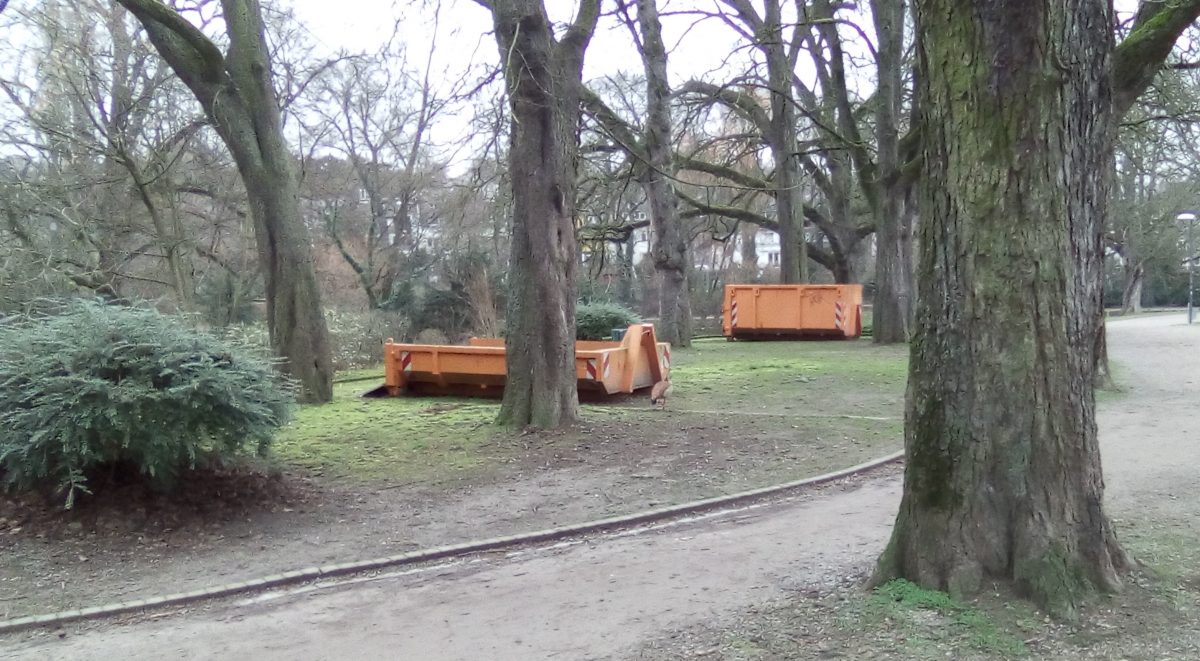 Zwei Container stehen im Westpark neben der großen Wiese