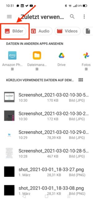 Screenshot Bilder selektieren