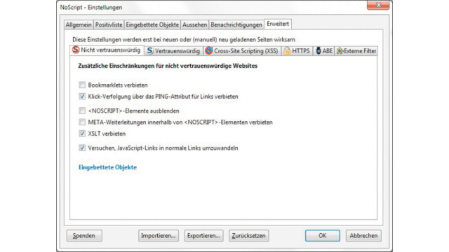 Scripts verbietenDie größte Gefahr geht im Internet immer noch von verborgenen, in Webseiten eingebetteten Scripts aus, also von kleinen Programmen, die von der Javascript-Engine des Internet-Browsers automatisch ausgeführt werden. Einige Anwender deaktivieren daher Javascript, was heute jeder Browser über seine Einstellungen erlaubt. Doch damit machen sie auch viele Internetseiten unbrauchbar, die bei ihrem Bedienkonzept auf diese Script-Sprache setzen. Das Videoportal Youtube ist das prominenteste Beispiel dafür. Scripts verbieten: Einen Ausweg bieten die Browser-Add-ons Noscript (Firefox) und Notscripts (Chrome). Beide basieren auf einer Positivliste, in die Sie alle Websites eintragen, die Sie als vertrauenswürdig einschätzen, also etwa Youtube oder die Internetseite von PC-WELT. Bei allen anderen Sites blocken die Add-ons die Ausführung von Javascript und Java.Download für Chrome (Klick auf das Bild)