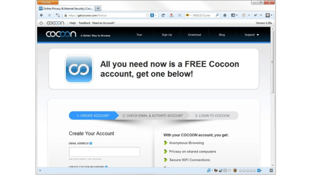 Über sicheren Proxy-Server surfen - Bei Cocoon für Firefox handelt es sich nicht nur um eine einfache Browser-Erweiterung, sondern um ein ganzes Sicherheitskonzept, das unter anderem einen amerikanischen Proxy-Server umfasst. Nach Installation und Gratis-Registrierung können Sie Ihren Internet-Datenverkehr über den Cocoon-Server in den USA laufen lassen. Er sorgt dafür, dass Viren nicht bis zu Ihrem PC vordringen, blockiert Cookies und verhindert, dass Ihr Browser die Adressen der zuletzt besuchten Webseiten speichert. Cocoon lässt sich ein- und ausschalten.Download für Firefox