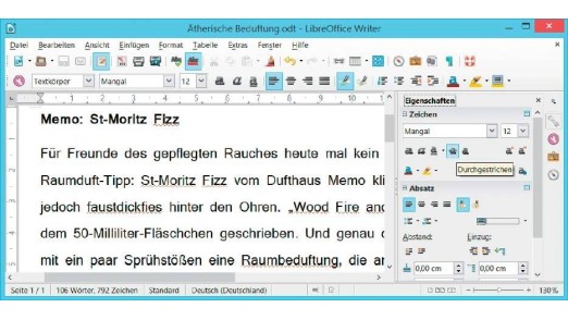 Seitenleiste anzeigen: Beim Formatieren von Dokumenten erspart die schicke Seitenleiste in Libre Office Writer dem Nutzer den häufigen Wechsel in Menüs. Die Leiste lässt sich über "Ansicht" und "Seitenleiste" einblenden.