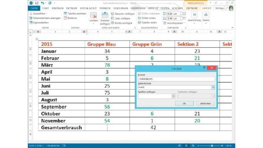 Summen berechnen: In Word lassen sich Rechenformeln in Tabellen einfügen, wenn Sie erst oben bei den "Tabellentools" auf "Layout" und dann auf "Formel" klicken.