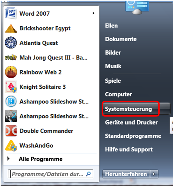 Anwahl der Systemsteuerung