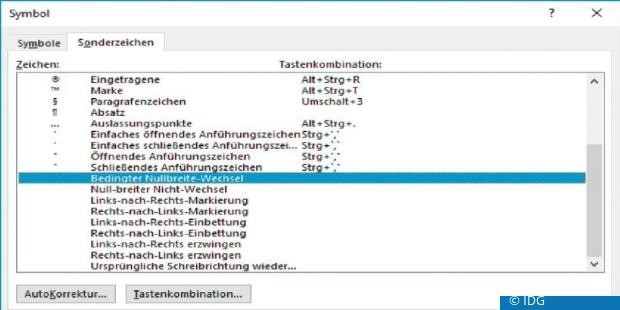 Einen versteckten Zeichenumbruch, findet man mit dem Befehl "bedingter Nullbreiten-Wechsel", den Sie bei den Sonderzeichen finden.