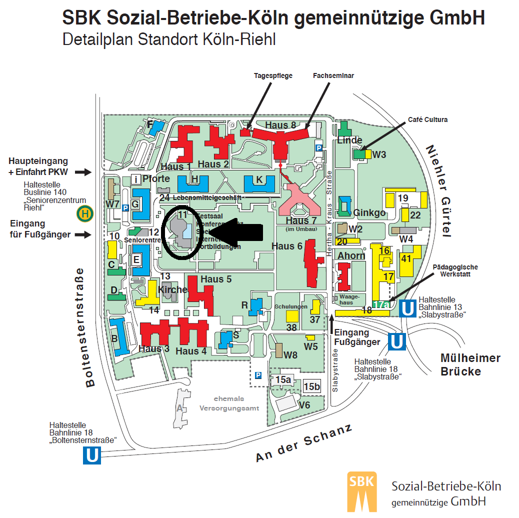 Plan des Geländes des Städt. Seniorenzentrums Riehl mit Markierung des Festsaal-Gebäudes