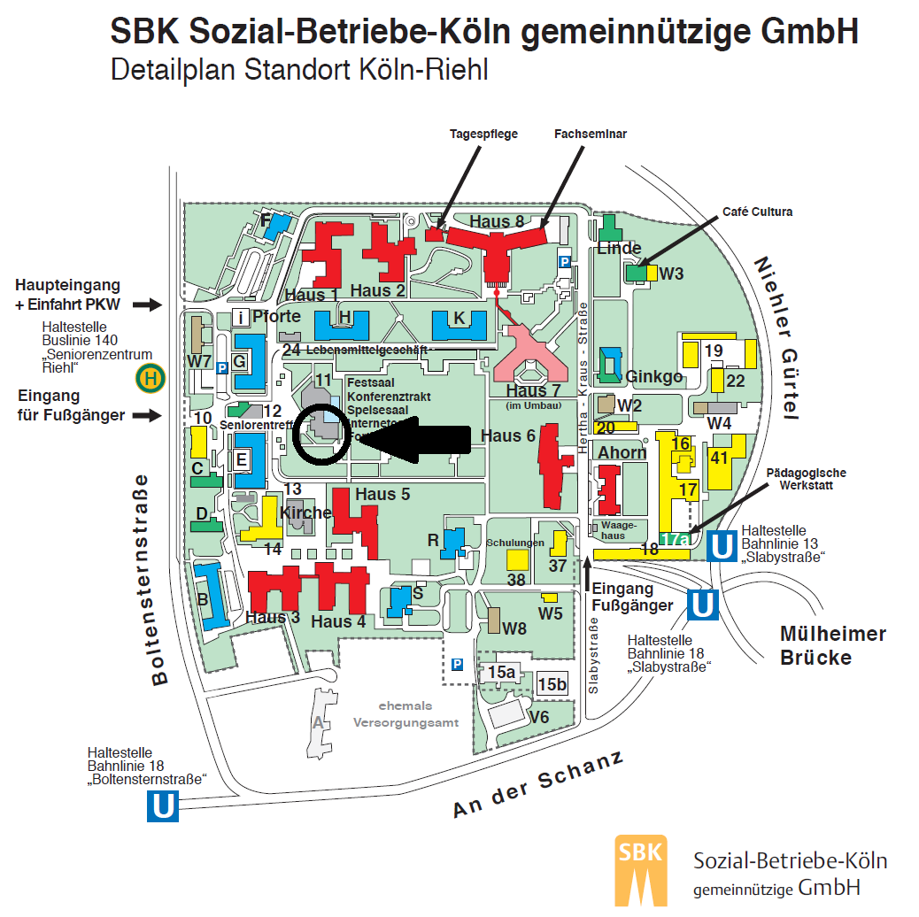 Plan des Geländes des Städt. Seniorenzentrums Riehl mit Markierung des Konferenztrakts