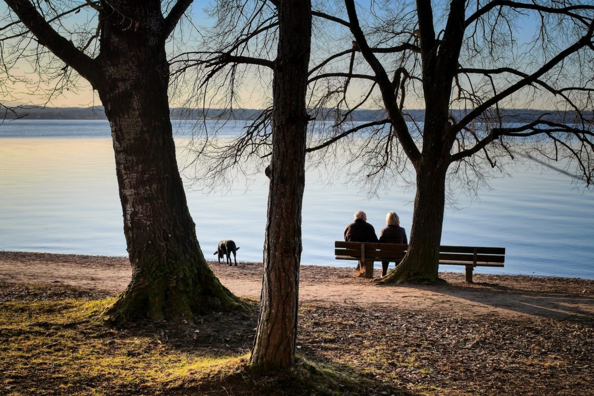 Zwei Senioren mit Hund am Wintersee