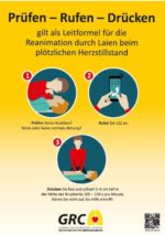 Prüfen - Rufen -  Drücken die Leitformel für die Reanimation für Laien bei einem plötzlichen Herzstillstand mit drei Bildern siehe unter www.grc-org.de